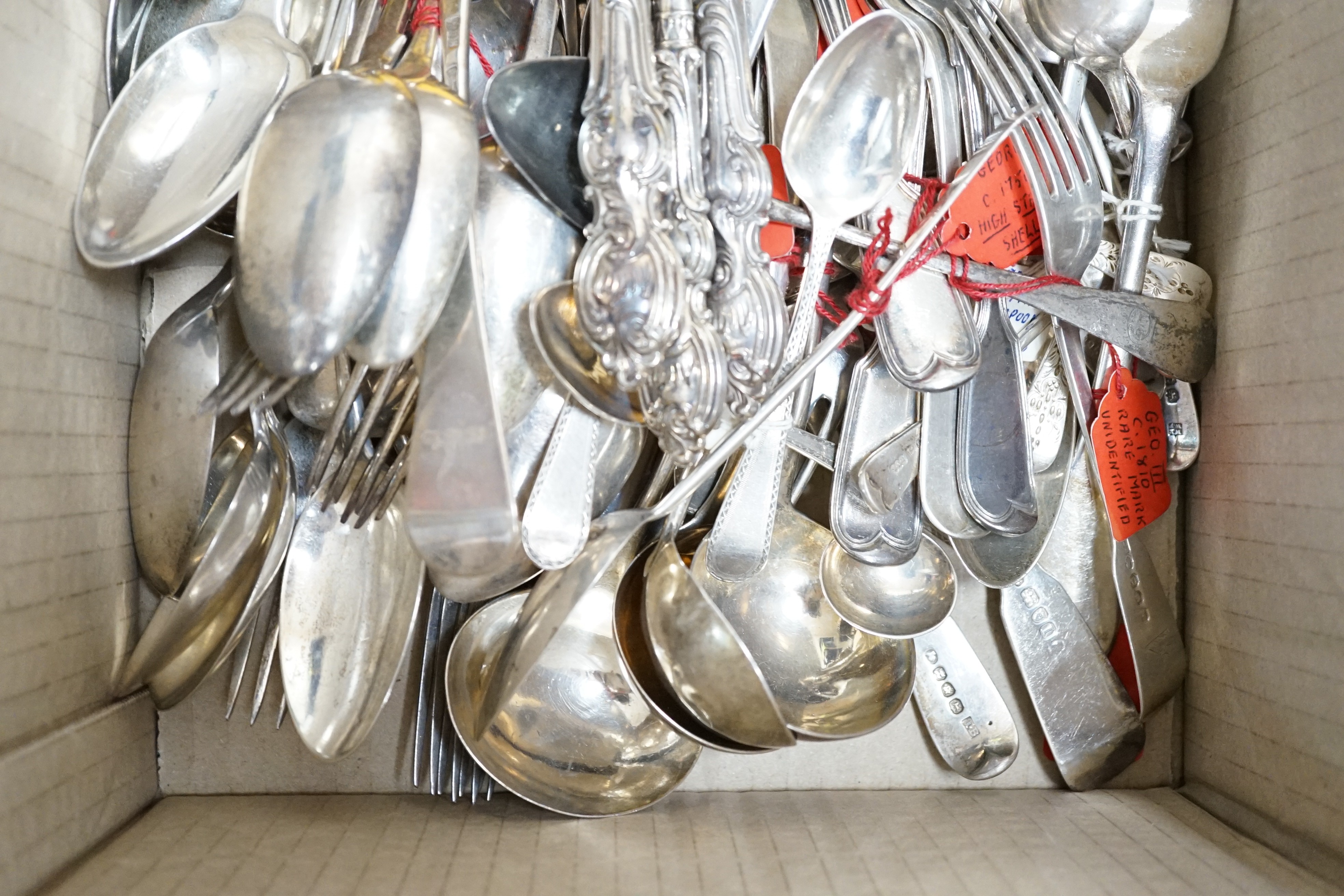 A mixed group of assorted mainly 19th century silver flatware, various pattern, dates and maker's, including a Victorian silver christening trio by Hilliard & Thomasson, Sheffield, 1849/1850